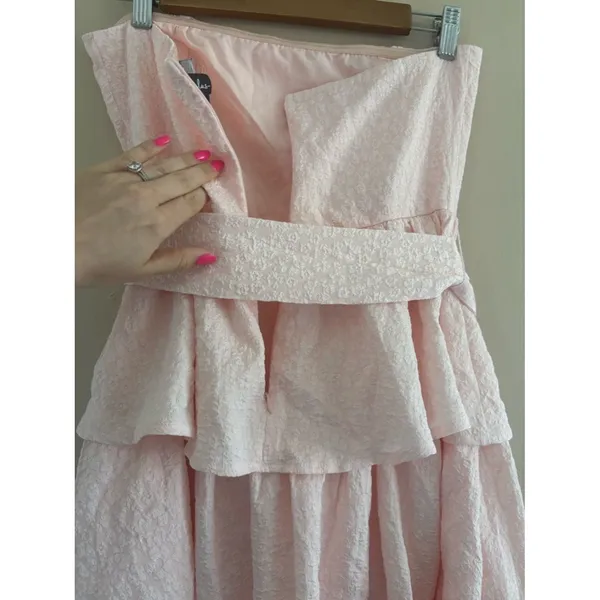 Lulus Truly Marvelous Blush Pink Jacquard Strapless Tiered Midi Dress Medium - Image 9