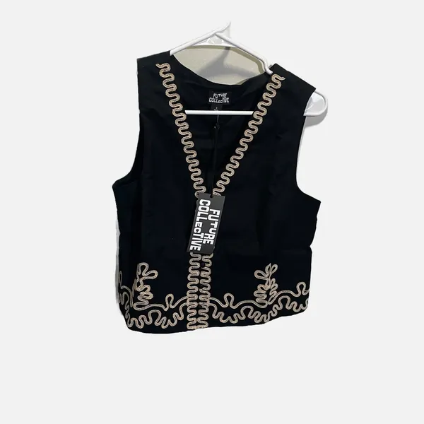 Future Collective Jenee Black Embroidered Soutache‎ V-Neck Vest M Boho Festival - Image 2