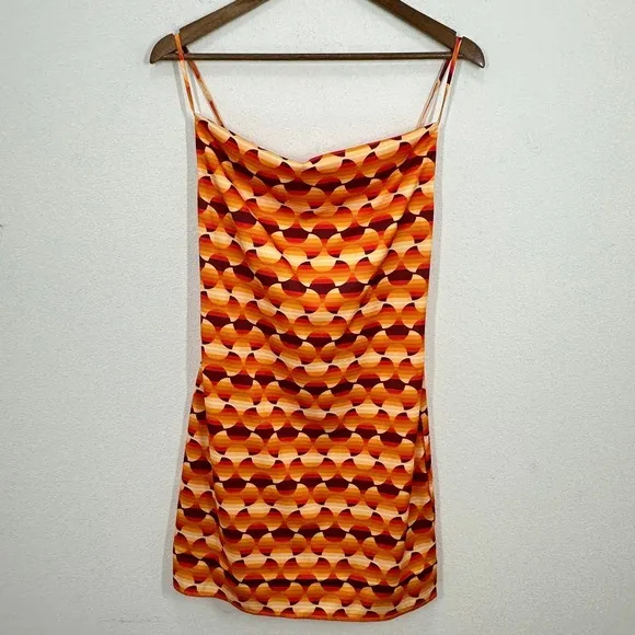 Urban Outfitters Retro Geometric Print Cowl Neck Slip Mini Dress‎ Orange Yellow - Image 3