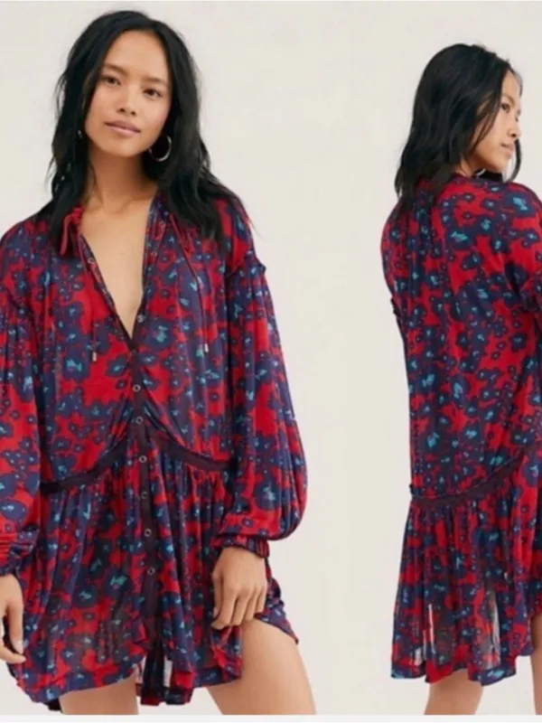 Free People Love Letter Tunic Top Mini Dress Red retail $128.00 - Image 2