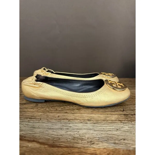 Tory Burch Reva Metallic Gold Tumbled Ballerina Flats - Image 2