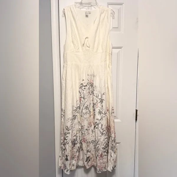 Joie Linen Blend Midi Dress L Ivory Floral Coastal Resort Summer Linen Blend‎ - Image 2