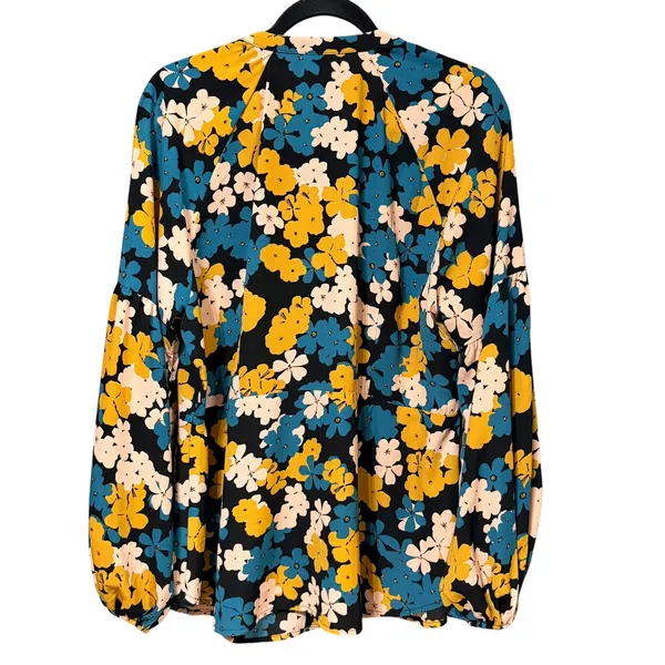 Cabi Busy Blouse 4158 Floral Button Front Balloon Sleeve‎ Black Teal Mustard L - Image 4