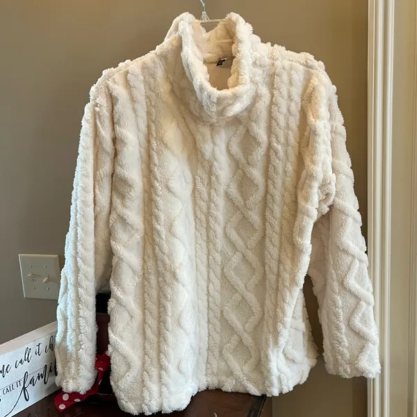 Eddie Bauer So Comfy Blanket Sweater Turtleneck Off White Cable Knit Fleece New - Image 6