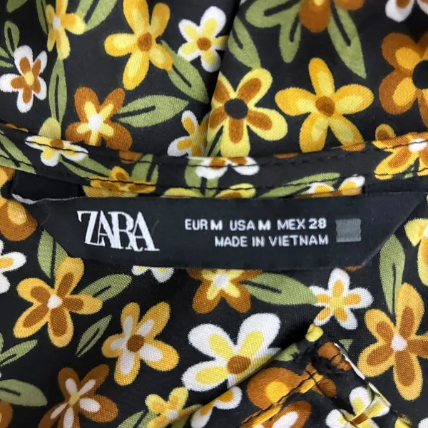 Zara Ditsy Floral Print Mini Dress Yellow Brown Boho Smocked Cuff Size M - Image 7