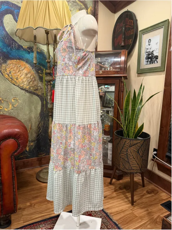 Abby & Evie Floral Gingham Tiered Maxi Dress Medium Cottagecore Summer Tie Strap - Image 4