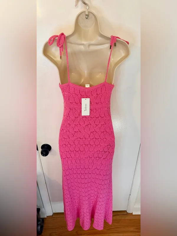 Taelynn Duchessa Pink Knit Maxi Dress Medium Lace Crochet Adjustable Straps NWT - Image 14