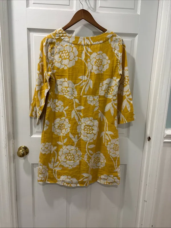Boden Women’s 100% Linen Shift Dress Size 6R Yellow/White Floral Resortwear - Image 4