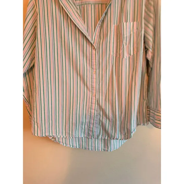 Aerie Button Down Shirt Women Large Green Pink Striped Coastal Relaxed Fit Top - Image 5
