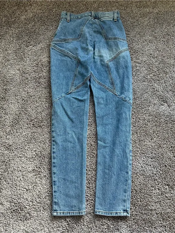 REVICE Blue High-Waist Straight Leg Star Jeans with Geometric Seams - Image 3