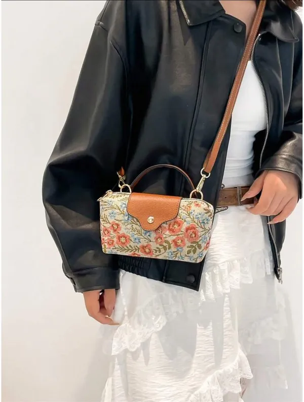 Women's Fabric Nylon Mini Crossbody Bag, Floral Pattern, Magnetic Snap Closure, Casual Cute Fashion Handbag - Image 2