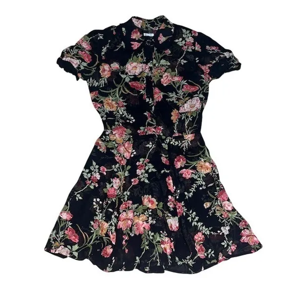 Reformation Mckendrie Floral Sheer Collar Short Sleeve Mini Shirt‎ Dress Black 2 - Image 4