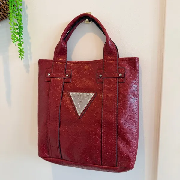GUESS Y2K Burgundy Monogram Hand Bag Signature Silver Triangle Rhinestone Logo - Image 3