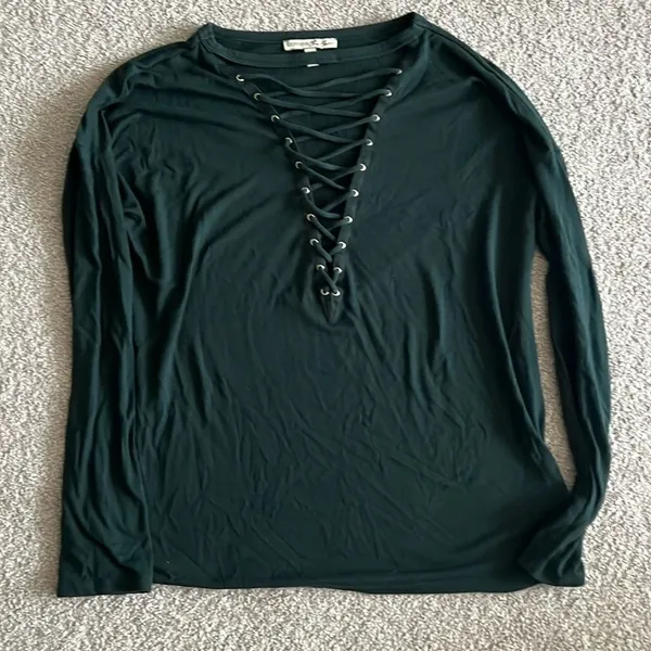 Express One-Eleven Green Lace Up Long Sleeve Top - Image 3