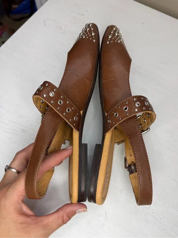 Frye HEATHER SLINGBACK STUDDED Flat Pointed Silver & Walnut Leather - Image 7