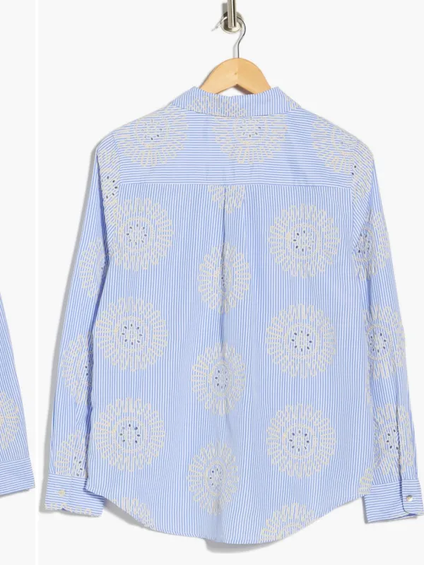 Nanette Lepore Blue and White Striped Embroidered Button-Up Shirt Floral - Image 4