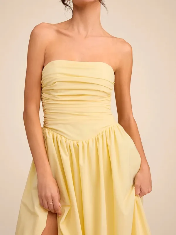 NWT Lulus Marilou Light Yellow Strapless Ruched Lace-Up Maxi Dress - Image 2