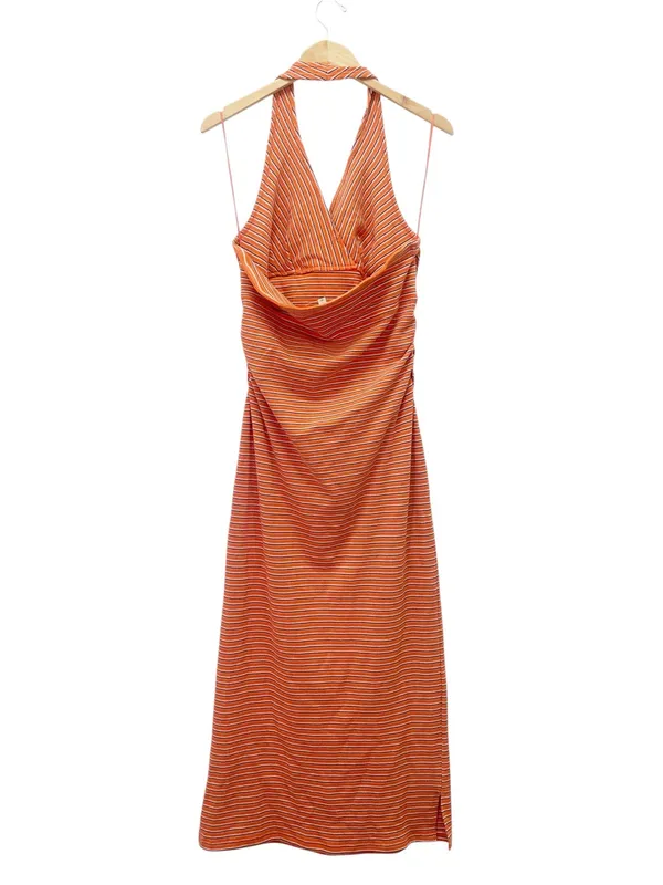 Pilcro High Tide Halter Slim Midi Dress Large Orange Stripe Anthropologie - Image 3