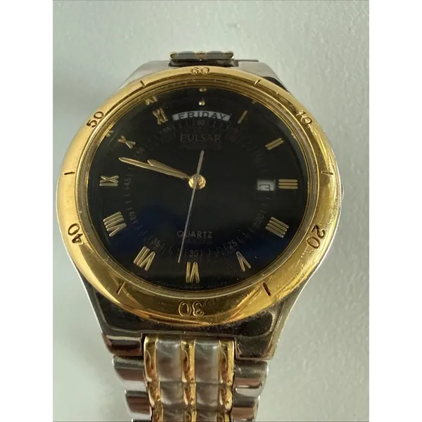 Vintage PULSAR V544-7A10 Two-Tone Quartz Analog Men's Watch Need Battery - Image 2