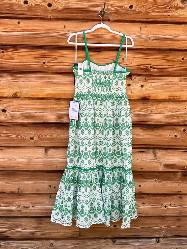 Adrianna Papell White Green Size 6 Cotton Eyelet Ruffle Midi Dress Party Picnic - Image 12