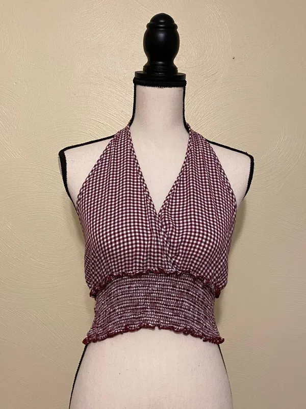 Festival Boho Plunge Gingham Halter Crop Top Red Size M - Image 3