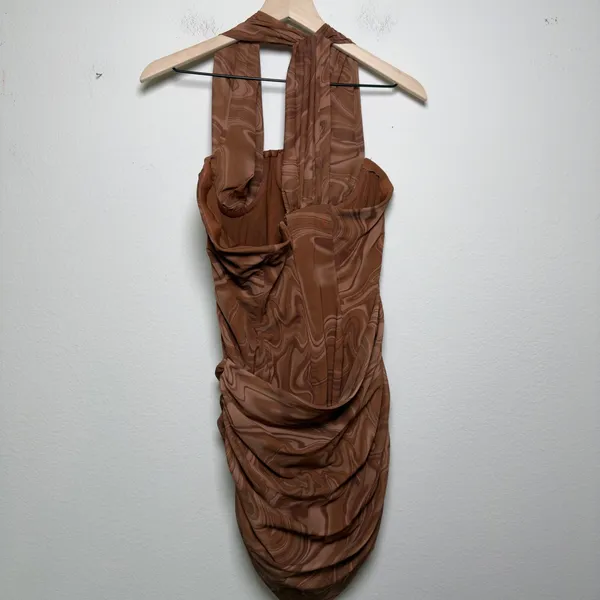 House of CB Women Clementine Mini Dress M Brown Swirl Cutout One-Shoulder Ruched - Image 10