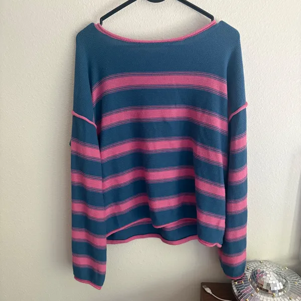 Blue and Pink Striped Slouchy Knit Sweater Boat Neck Large - Image 6