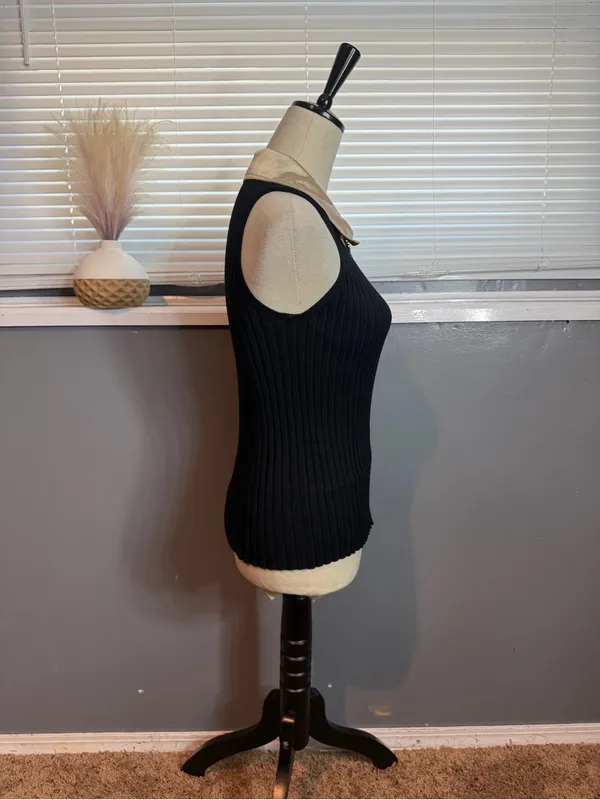 Belladimi Black Ribbed Rhinestone Zip Satin Collar Top Size M Y2K - Image 4