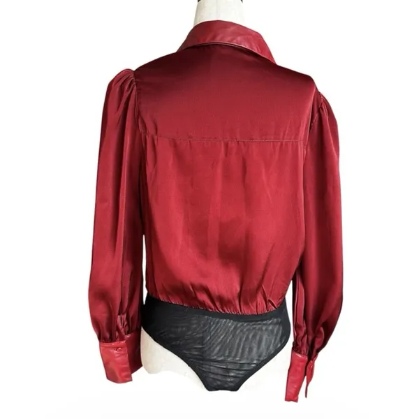 Skylar Rose Size Small Bodysuit Maroon Long Sleeve Faux Leather Collar | 61-38 - Image 2