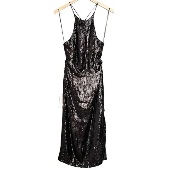 Bardot Easton Dress Size 6 Black Sequin Open Back Thigh Slit Midi Cocktail NWT - Image 5