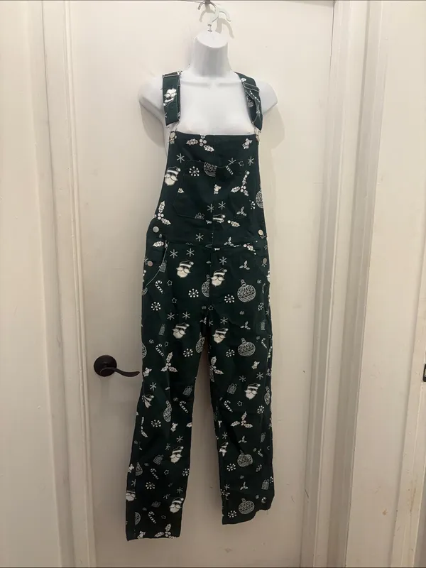 Forest Green Women's Holiday Print Overalls with Adjustable Straps small new - Image 2