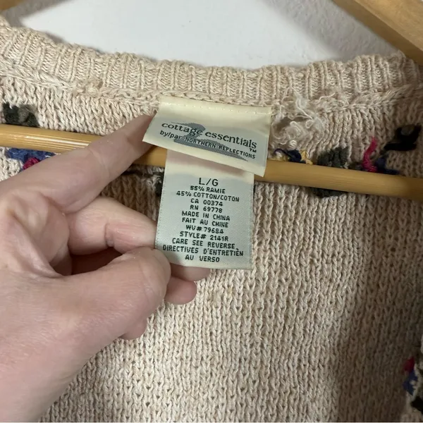 VINTAGE Cottage Essentials Women’s Chunky Knit Floral Cardigan Beige Multi L - Image 6