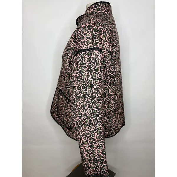 Floral Quilted Puffer Jacket Pink Green Black Open Front Pockets Large - Image 5