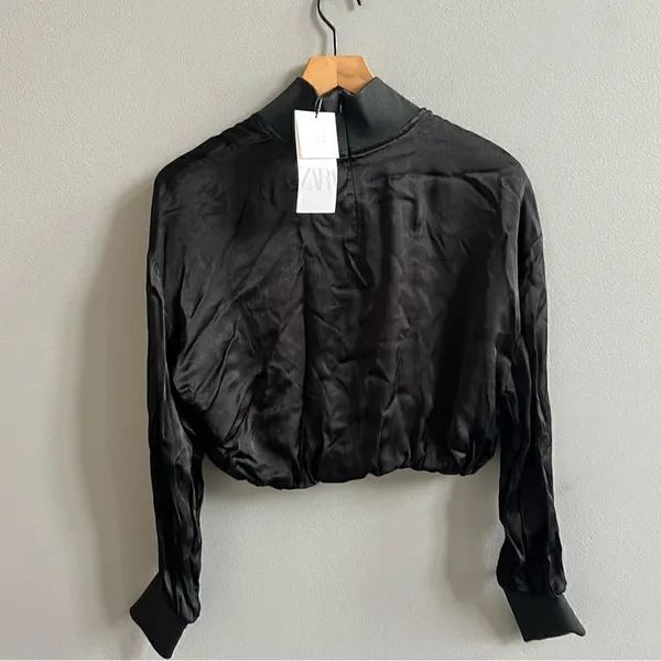 NWT Zara Black Satin Effect Long Sleeve Mock Neck Top Size XS Zipper Turtleneck - Image 8