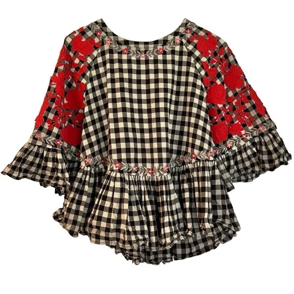 Anthropologie Pankaj & Nidhi checkered gingham embroidered floral swing blouse s - Image 3
