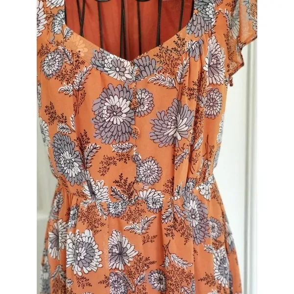 Madewell Sheer-Sleeve Button-Front Midi Dress in Gathered Blooms Rust Size 12 - Image 3
