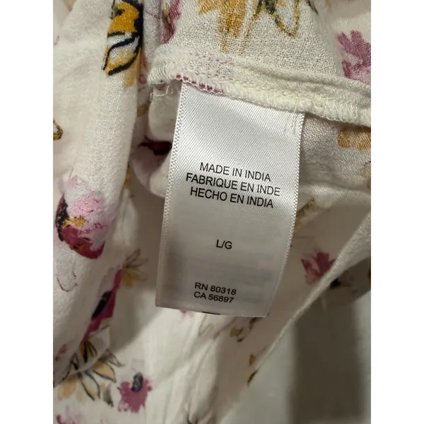 Lucky Brand Floral Peasant Blouse Womens Large White Pink Yellow Smocked 7WP4242 - Image 7