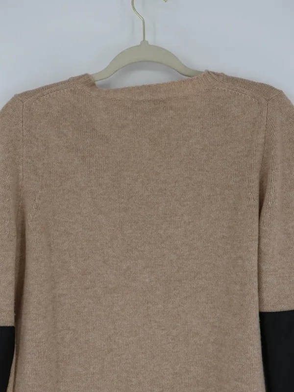 J.Crew Wool Cashmere V-Neck Sweater Small Tan Leather Sleeve Panels Tan - Image 9