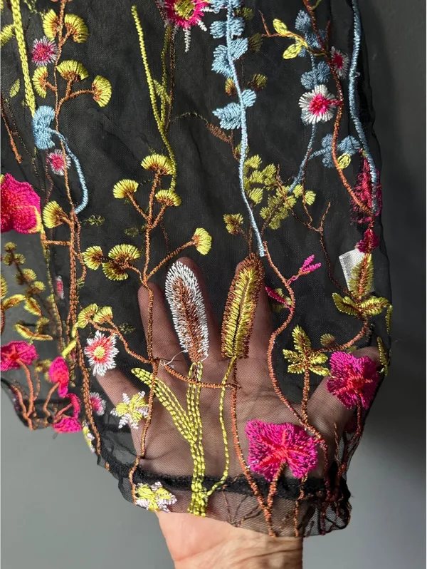 Black Sheer Mesh Top with Colorful Floral Embroidery - Image 5