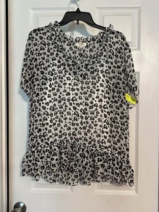 Umgee Cream Leopard Print Short Sleeve Ruffle Hem Blouse - Image 2