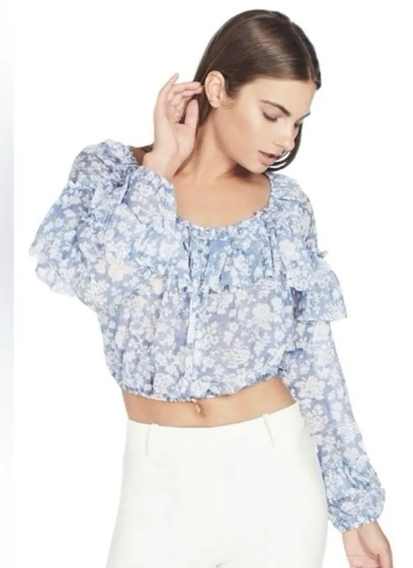 LoveShackFancy Ruffle Popover Blouse Top in Biscay Blue Size XS - Image 2