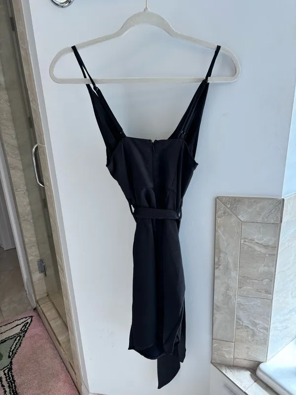 Boutique Black Satin Ruched Mini Dress - Image 2