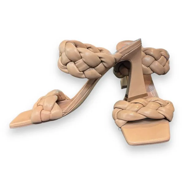 Marc Fisher Womens Hammy Heeled Sandal 8.5M Leather Chunky‎ Woven Straps Beige - Image 5