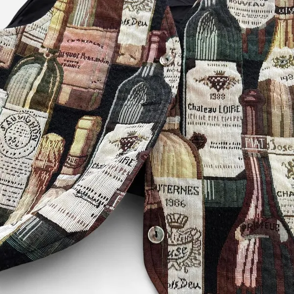 Vintage Wine Bottle Print Vest | USA-Made | Textured Fabric Quirky Button-Up LG - Image 5