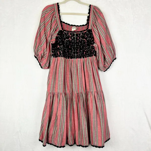 Sister Mary Sierra Dress Size Large Cotton Stripe Embroidered Smocked Boho Red - Image 3