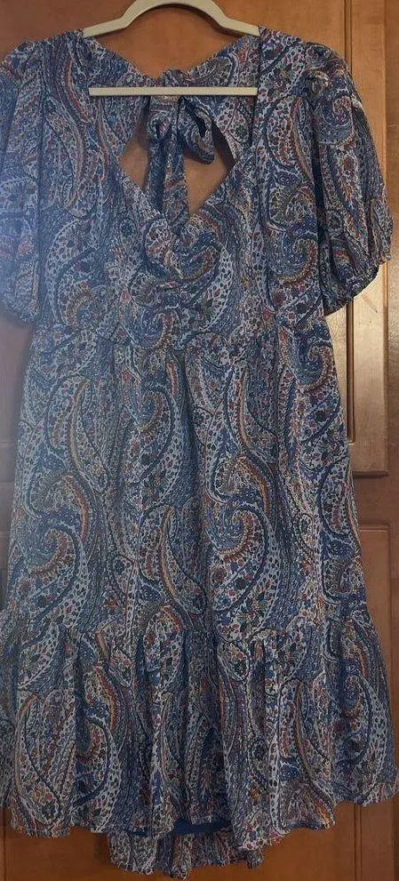 Kojooin Puff Sleeve Tie Back Ruffled Dress Navy Paisley Women’s XL NWT - Image 4