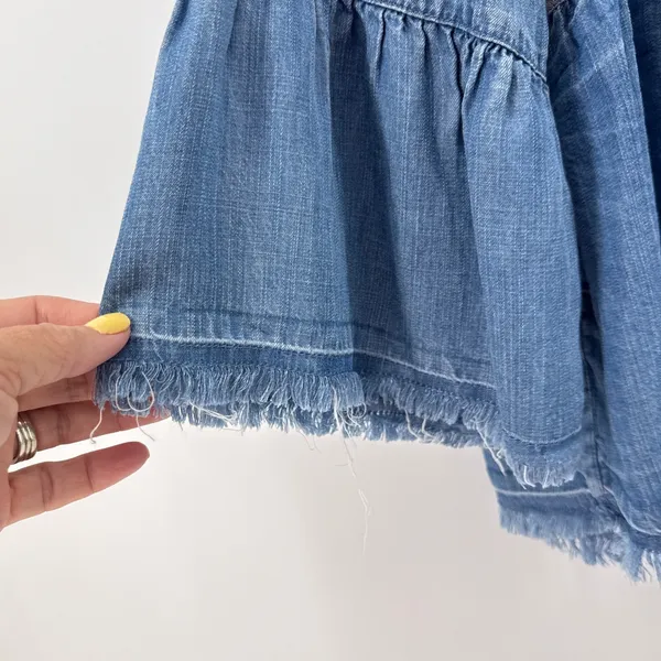 John Mark Embroidered Denim Linen‎ Top L Blue Floral Boho Bell Sleeve Fringe EUC - Image 3