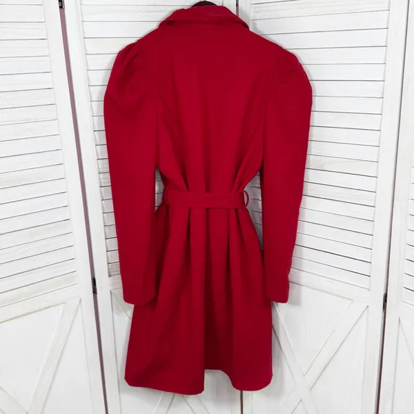 OnTwelfth Coat Women Size XL Red Puff Shoulder Sleeve Belted‎ Trench Long Cherry - Image 9