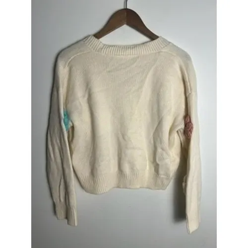 Med Cream‎ Knit Cardigan with 3D Crochet Flower Applique Cottage Boho Feminine - Image 4