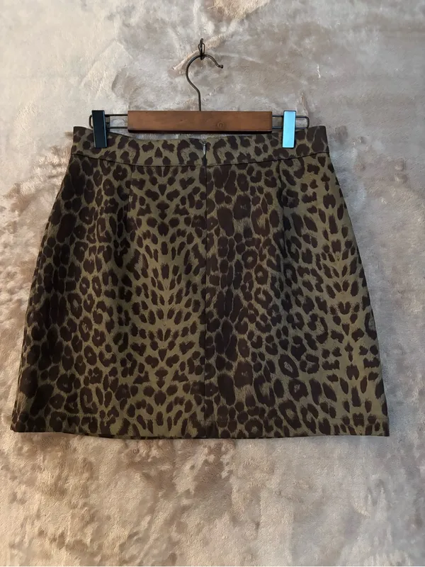 Leopard Print Faux Suede A-Line Mini Skirt Women’s Size M Black/Olive - Image 2